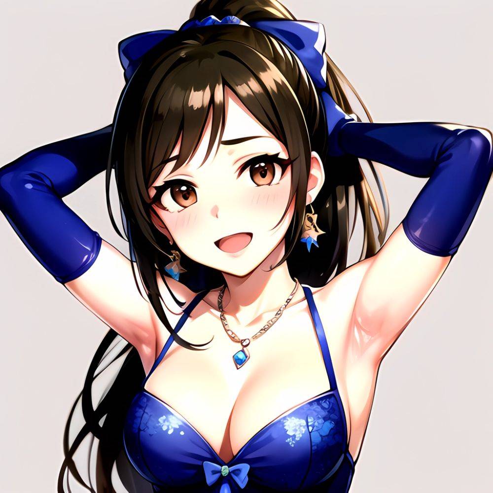 1girl Absurdres Armpits Arms Up Ayase Honoka Black Gloves Blue Bow Blue Dress Blush Bow Breasts Brown Eyes Brown Hair, 2108635646 - AIHentai - #main