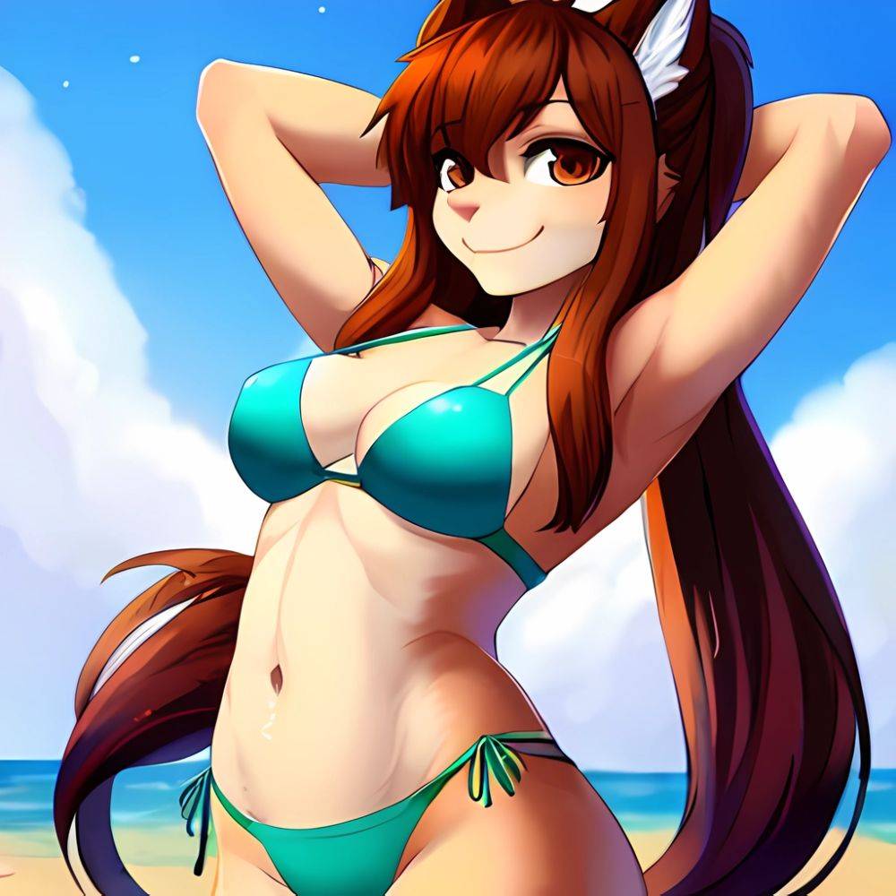 1girl Armpits Arms Behind Head Bikini Brown Eyes Brown Hair Cowboy Shot Dot Nose Flat Chest From Side Hair Ornament, 2012237072 - AIHentai - #main