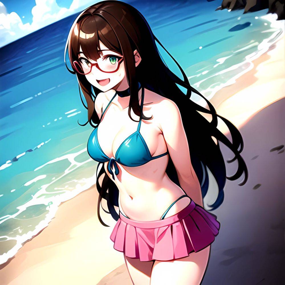1girl D Bikini Bikini Bottom Aside Bikini Skirt Black Choker Blush Breasts Brown Hair Choker Cleavage Clothing Aside Front Tie, 2617663866 - AIHentai - #main