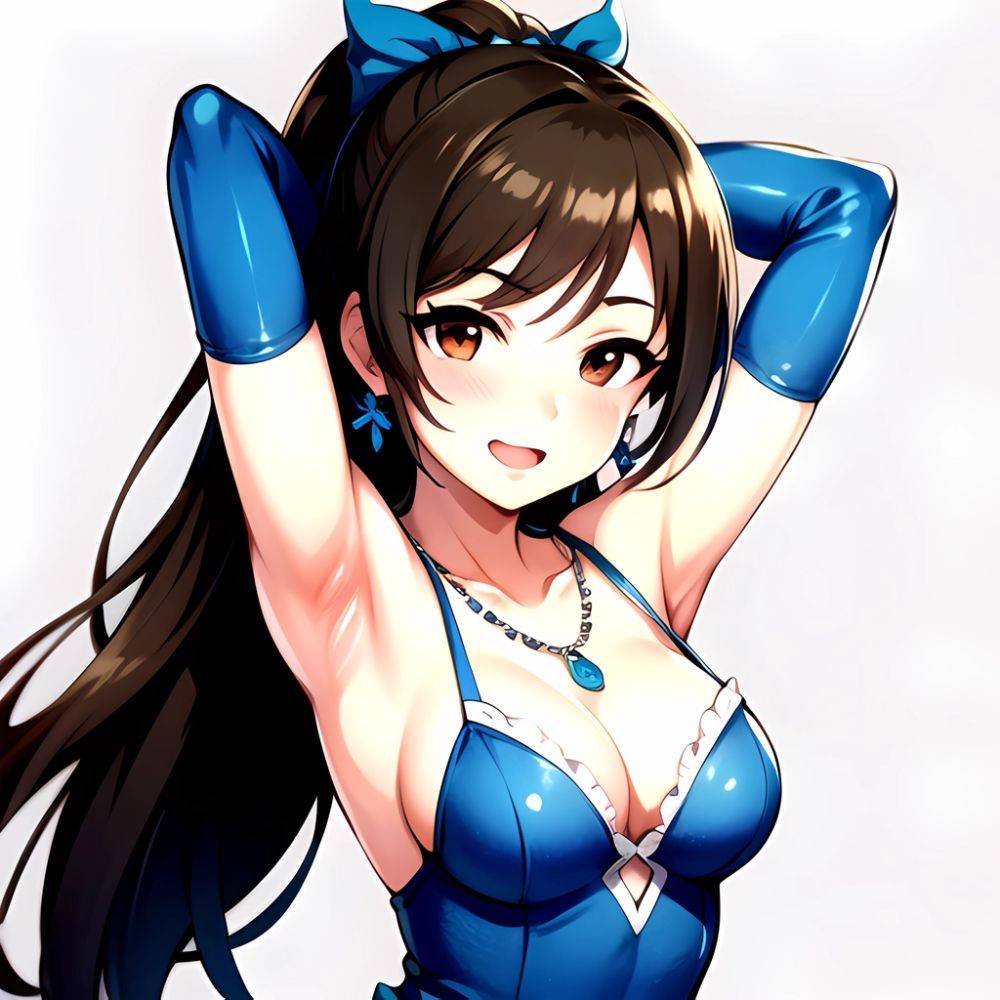 1girl Absurdres Armpits Arms Up Ayase Honoka Black Gloves Blue Bow Blue Dress Blush Bow Breasts Brown Eyes Brown Hair, 678678138 - AIHentai - #main