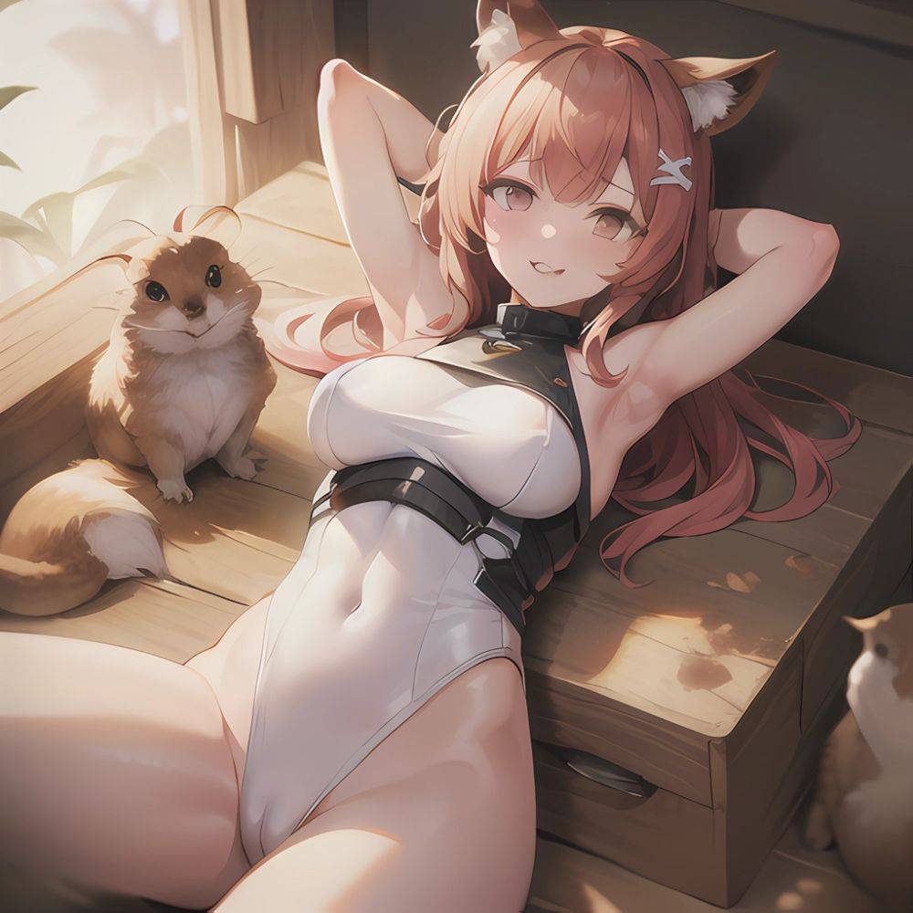 1girl Absurdres Animal Ear Fluff Animal Ears Arknights Arms Behind Head Chest Armor Covered Navel Gravel Arknights Highleg Highl, 2002046977 - AIHentai - #main