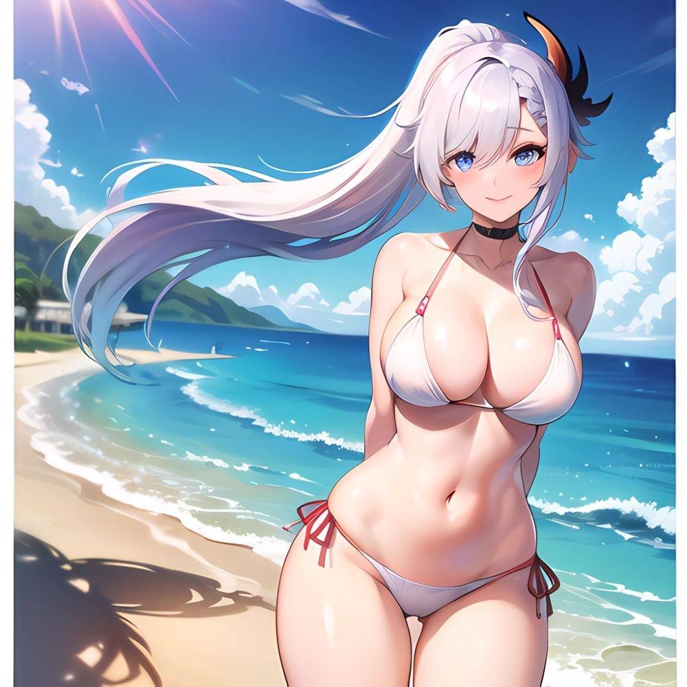 1girl Absurdres Bare Shoulders Beach Bikini Blue Eyes Blue Sky Blush Braid Braided Ponytail Breasts Cleavage Collarbone Genshin, 3816200191 - AIHentai - #main