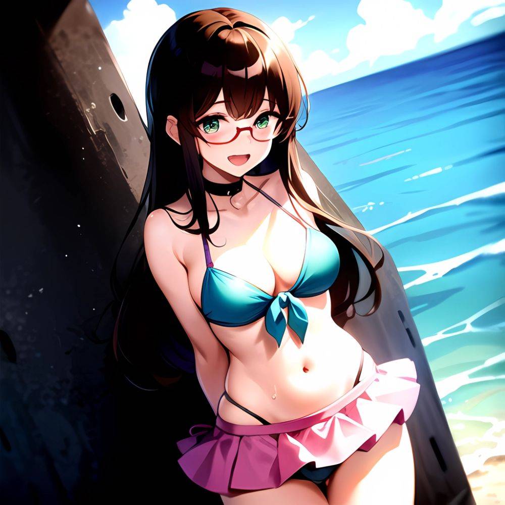 1girl D Bikini Bikini Bottom Aside Bikini Skirt Black Choker Blush Breasts Brown Hair Choker Cleavage Clothing Aside Front Tie, 2995150026 - AIHentai - #main