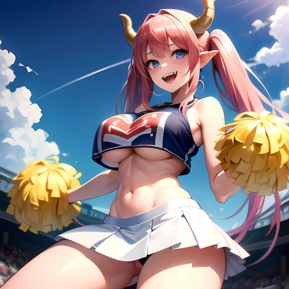 1girl Absurdres White Skirt Whitefrok Breasts Cheerleader Dragon Girl Dragon Horns Highres Holding Holding Pom Poms Horns Huge B, 3068288046 - AIHentai - #main