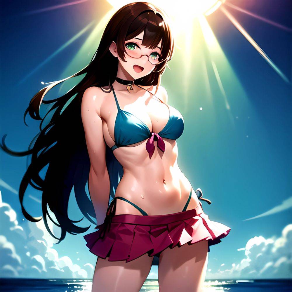 1girl D Bikini Bikini Bottom Aside Bikini Skirt Black Choker Blush Breasts Brown Hair Choker Cleavage Clothing Aside Front Tie, 740199666 - AIHentai - #main