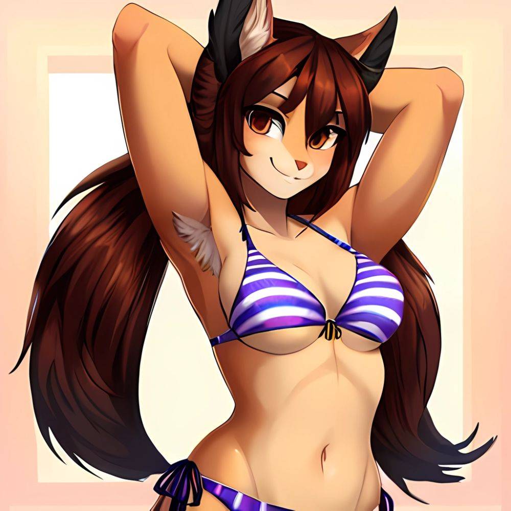 1girl Armpits Arms Behind Head Bikini Brown Eyes Brown Hair Cowboy Shot Dot Nose Flat Chest From Side Hair Ornament, 1391114912 - AIHentai - #main