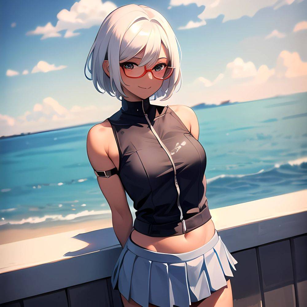 1girl Aircraft Bird Breasts Cloud Cloudy Sky Cowboy Shot Curtsey Dark Skinned Female Dark Skin Day Flashing Glasses Looking At, 4033247198 - AIHentai - #main