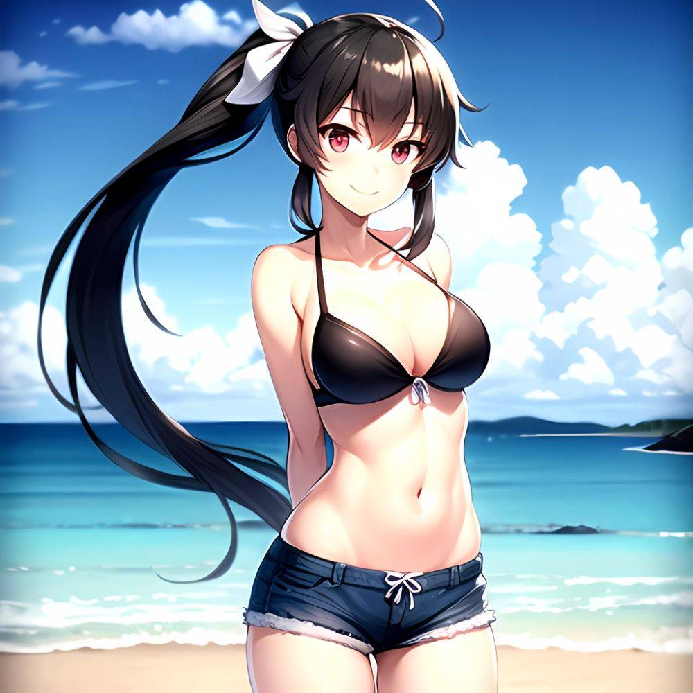 1girl Arms Behind Back Beach Bikini Bikini Under Shorts Black Bikini Black Hair Blurry Blurry Background Breasts Cleavage Closed, 2936887437 - AIHentai - #main