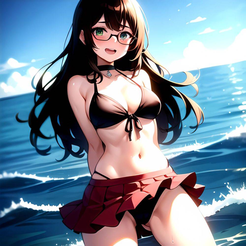 1girl D Bikini Bikini Bottom Aside Bikini Skirt Black Choker Blush Breasts Brown Hair Choker Cleavage Clothing Aside Front Tie, 1080479639 - AIHentai - #main