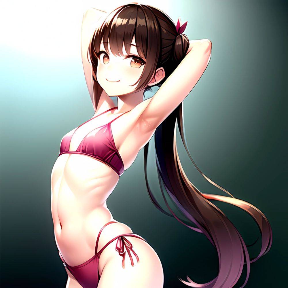 1girl Armpits Arms Behind Head Bikini Brown Eyes Brown Hair Cowboy Shot Dot Nose Flat Chest From Side Hair Ornament, 1686288243 - AIHentai - #main