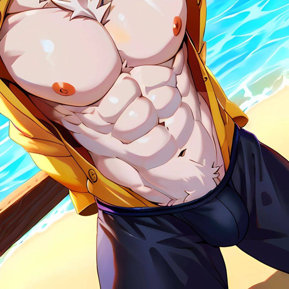 1boy Abs Absurdres Blue Eyes Closed Mouth Cowboy Shot Gojou Satoru Highres Jujutsu Kaisen Light Smile Looking To The Side, 175339655 - AIHentai - #main