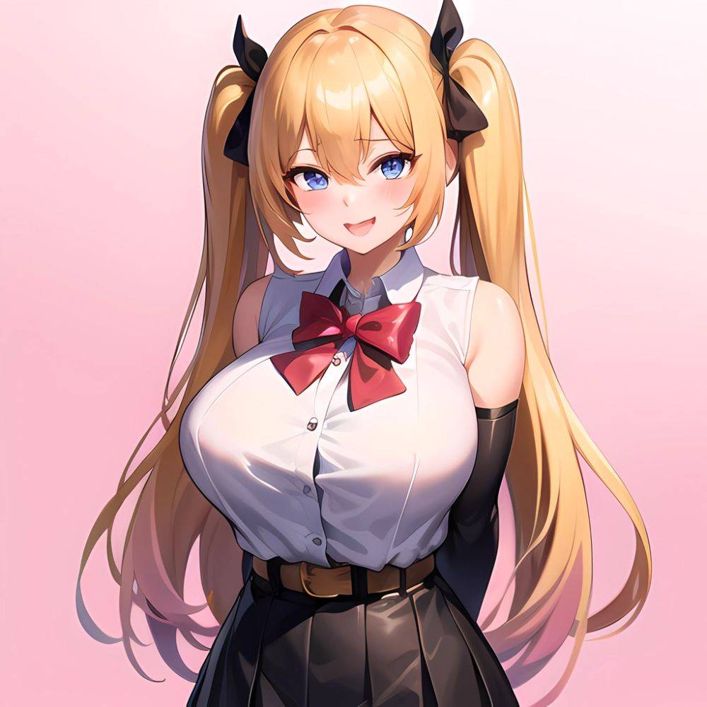 1girl Aymusk Belt Black Skirt Blonde Hair Blue Eyes Blush Bow Bowtie Breasts Curvy Elbow Gloves Fang Gloves Gradient Background, 751604356 - AIHentai - #main