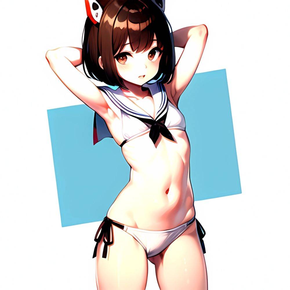 1girl Arms Up Arms Behind Head Bikini Bob Cut Brown Eyes Brown Hair Cosplay Cowboy Shot Flat Chest Headgear Inverted, 1466481562 - AIHentai - #main