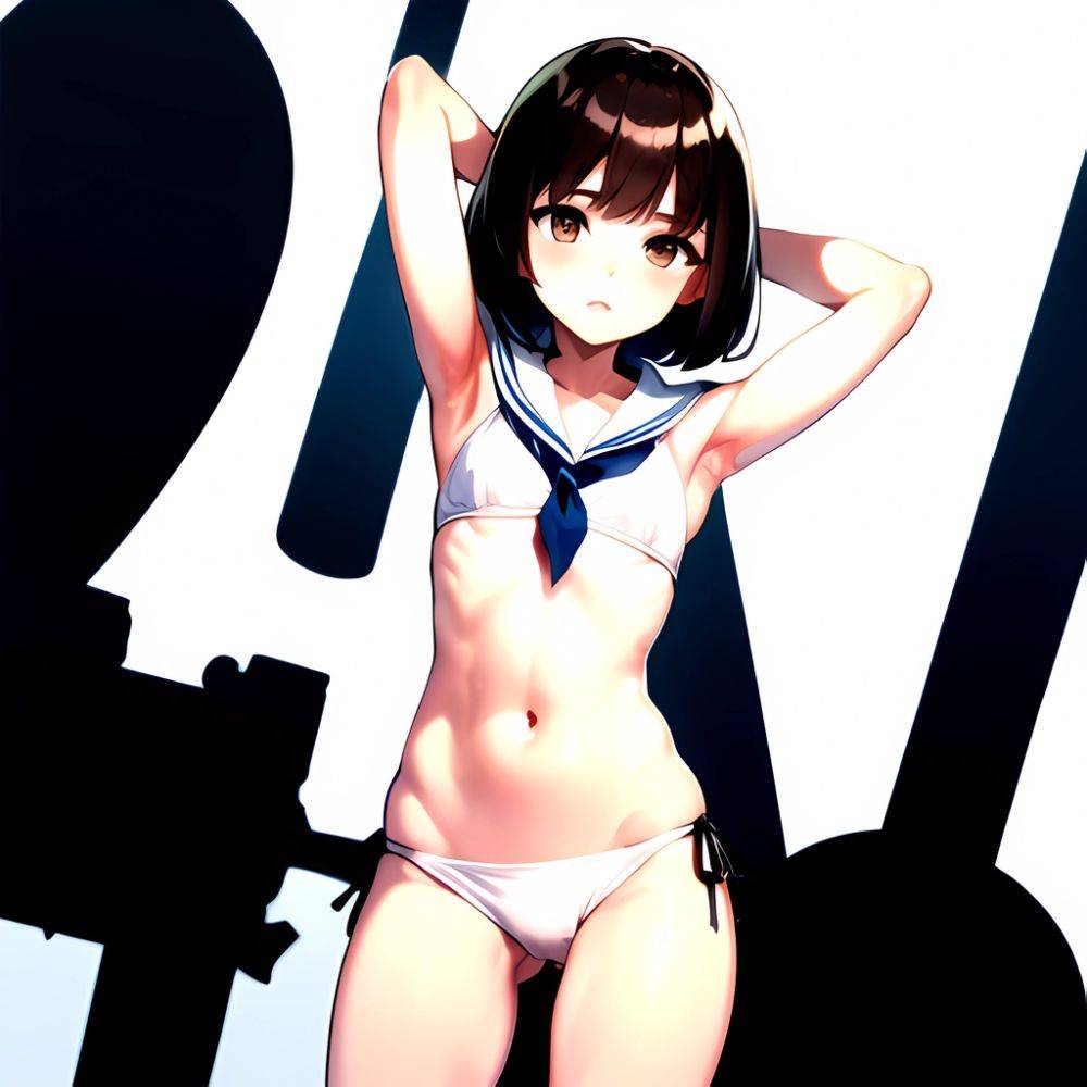 1girl Arms Up Arms Behind Head Bikini Bob Cut Brown Eyes Brown Hair Cosplay Cowboy Shot Flat Chest Headgear Inverted, 2294935230 - AIHentai - #main