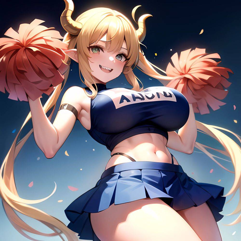 1girl Absurdres Blue Skirt Bluefrok Breasts Cheerleader Dragon Girl Dragon Horns Highres Holding Holding Pom Poms Horns Huge Bre, 1548801986 - AIHentai - #main