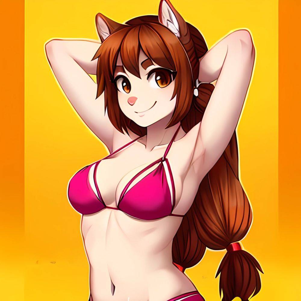 1girl Armpits Arms Behind Head Bikini Brown Eyes Brown Hair Cowboy Shot Dot Nose Flat Chest From Side Hair Ornament, 1522122933 - AIHentai - #main