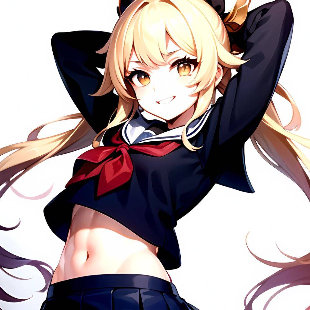 1girl Arms Up Arms Behind Head Blonde Hair Blue Skirt Bow Crop Top Crop Top Overhang Genshin Impact Gradient Background, 2523477204 - AIHentai - #main