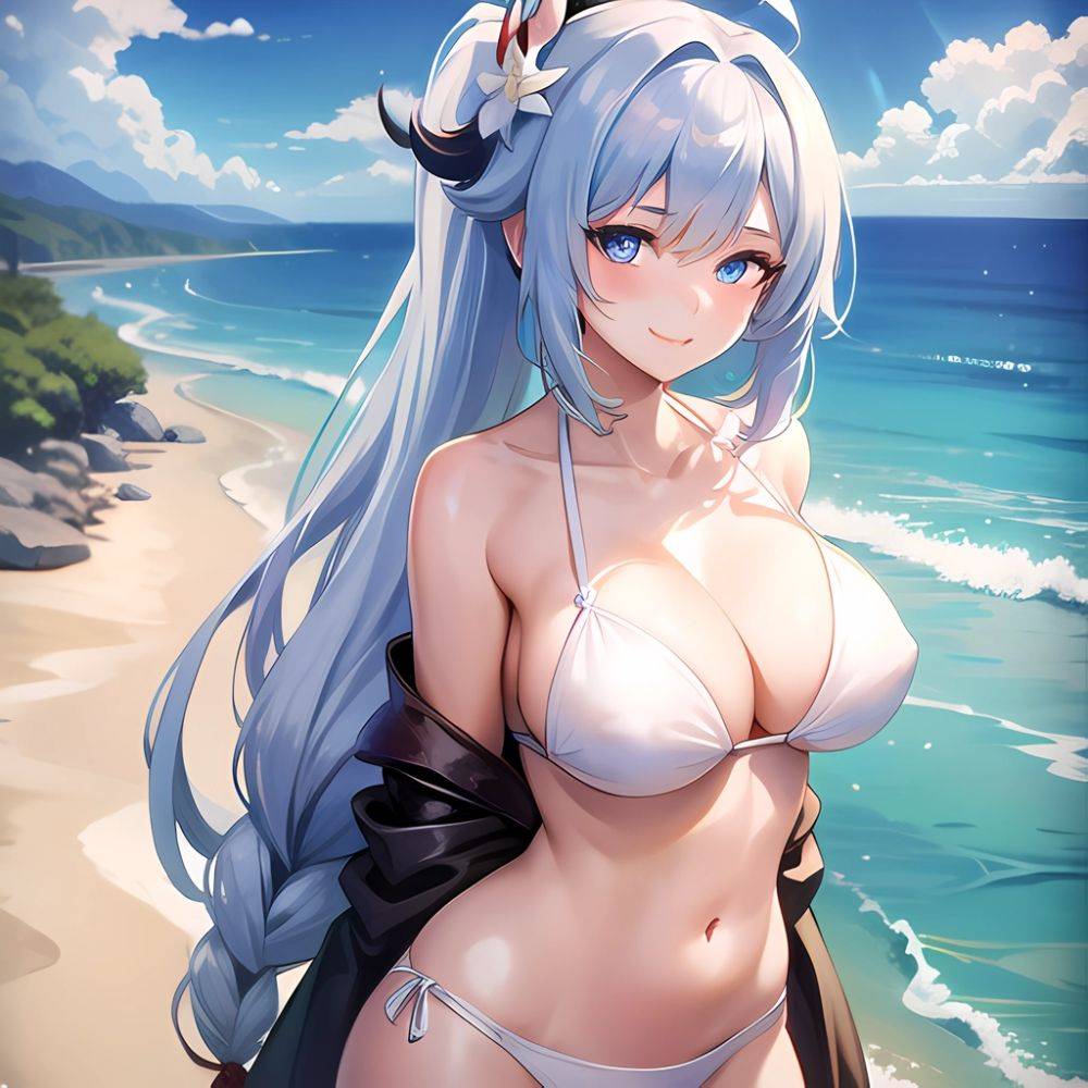 1girl Absurdres Bare Shoulders Beach Bikini Blue Eyes Blue Sky Blush Braid Braided Ponytail Breasts Cleavage Collarbone Genshin, 1623872417 - AIHentai - #main