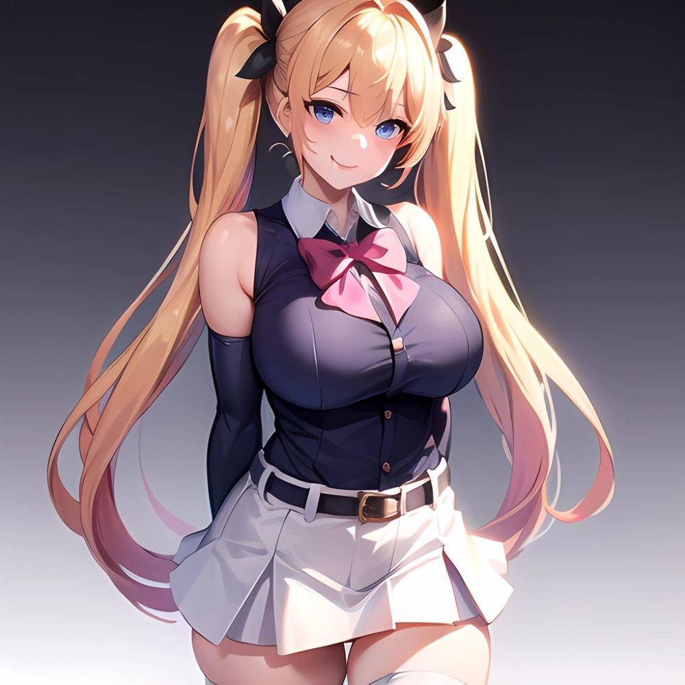 1girl Aymusk Belt White Skirt Blonde Hair Blue Eyes Blush Bow Bowtie Breasts Curvy Elbow Gloves Fang Gloves Gradient Background, 3237541266 - AIHentai - #main