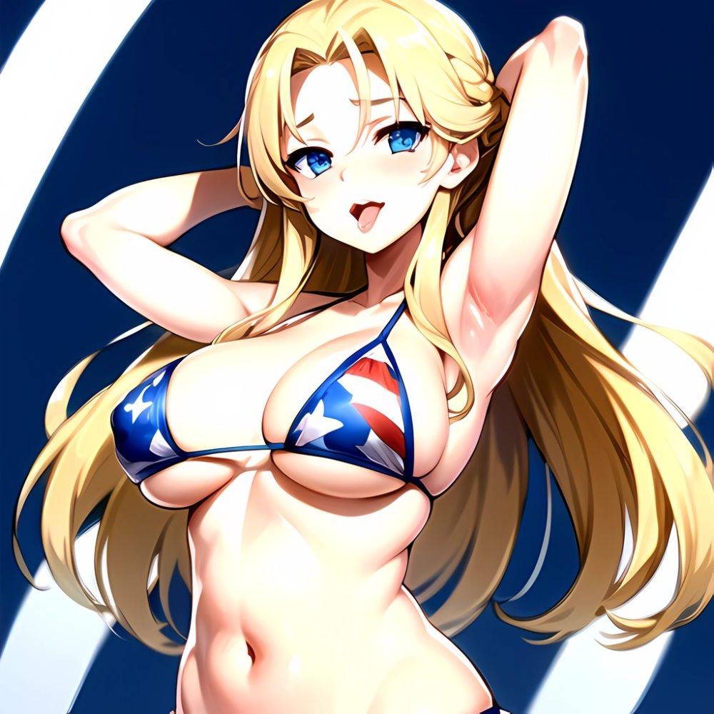 1girl American Flag Bikini Armpits Arms Behind Head Bikini Blonde Hair Blue Eyes Blush Breasts Covered Erect Nipples Flag Print, 3772237131 - AIHentai - #main