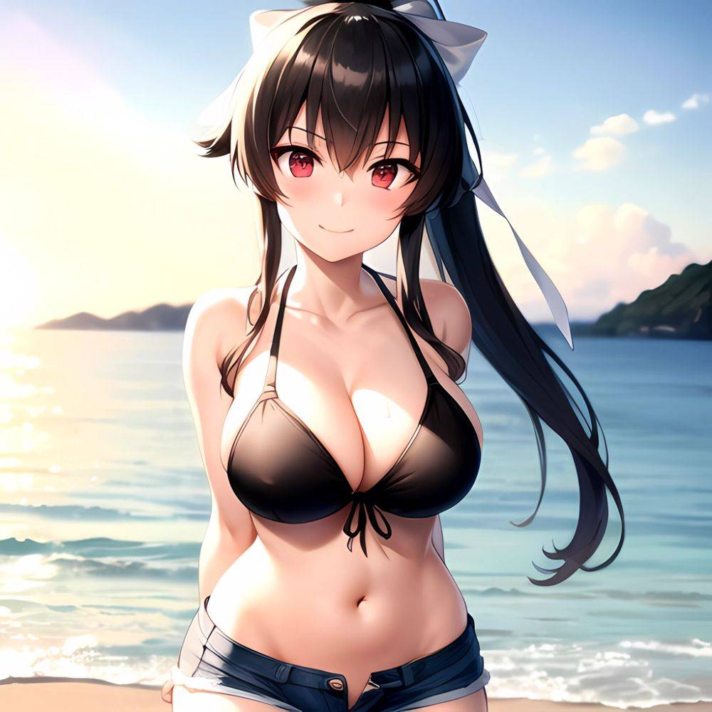 1girl Arms Behind Back Beach Bikini Bikini Under Shorts Black Bikini Black Hair Blurry Blurry Background Breasts Cleavage Closed, 3054588281 - AIHentai - #main