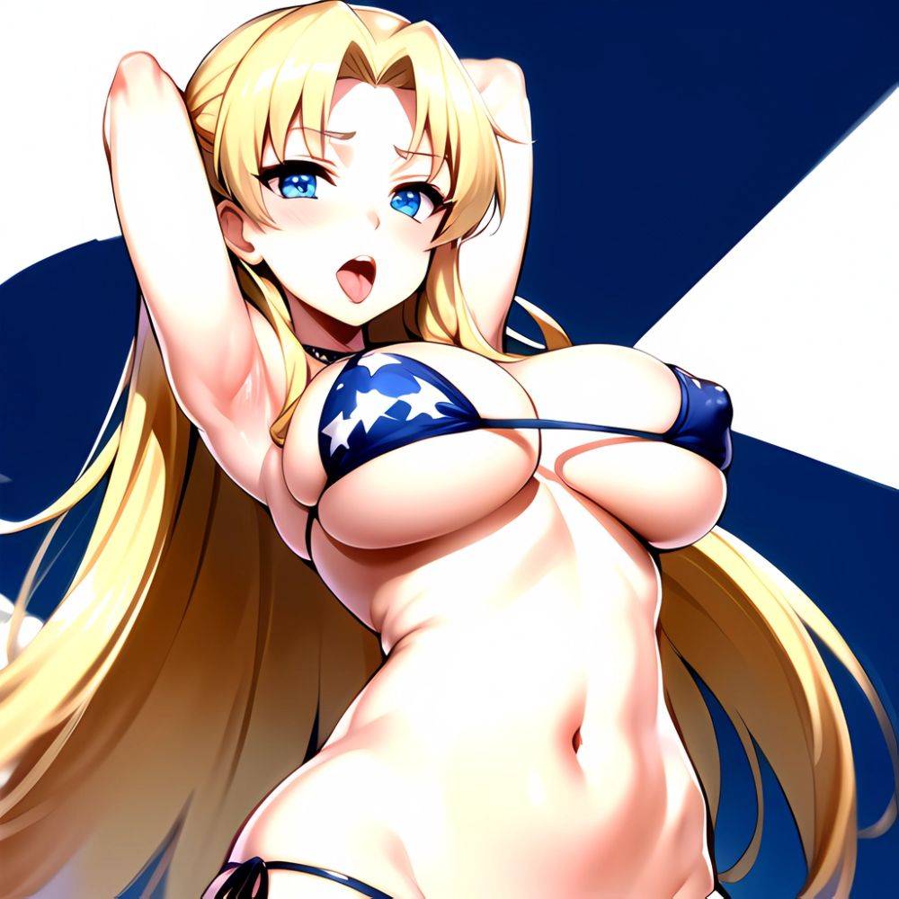 1girl American Flag Bikini Armpits Arms Behind Head Bikini Blonde Hair Blue Eyes Blush Breasts Covered Erect Nipples Flag Print, 3573392460 - AIHentai - #main