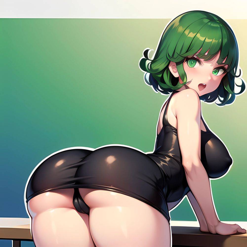 1girl Anger Vein Ass Ass Focus Black Dress Blush Dress From Behind Gradient Background Green Background Green Eyes Green Hair, 364934288 - AIHentai - #main