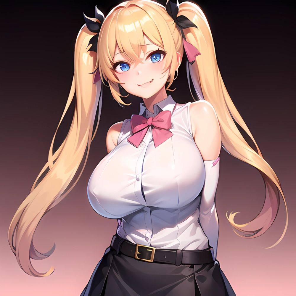 1girl Aymusk Belt Black Skirt Blonde Hair Blue Eyes Blush Bow Bowtie Breasts Curvy Elbow Gloves Fang Gloves Gradient Background, 2891768350 - AIHentai - #main