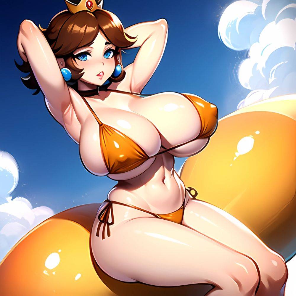 1girl Areola Slip Armpits Arms Behind Head Bikini Blue Eyes Blush Breasts Brown Hair Cleavage Huge Breasts Legs Mario Series, 3599841303 - AIHentai - #main