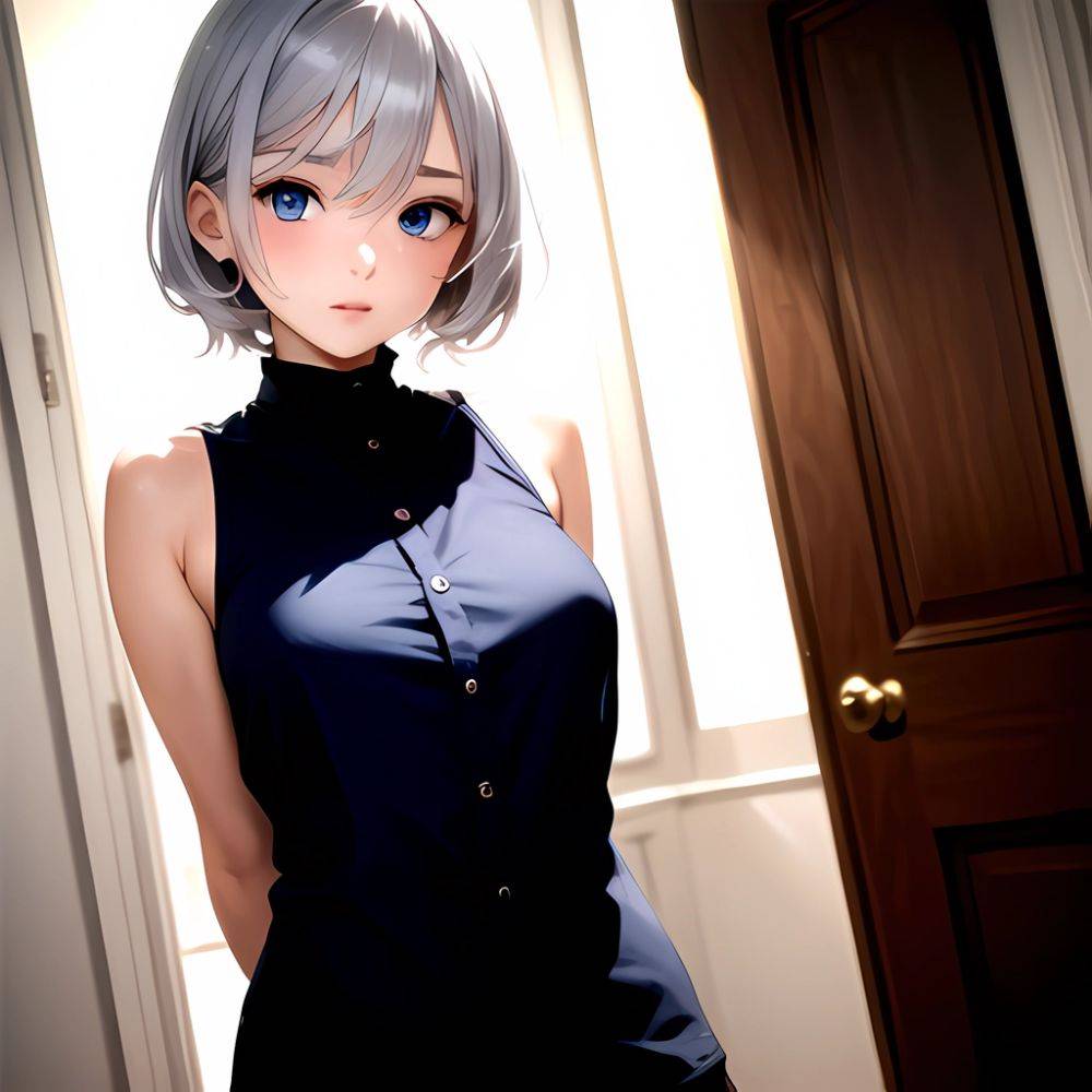 1girl Sexy Blue Eyes Silver Hair Arms Behind Back Facing The Camera Looking At The Camera, 1223259698 - AIHentai - #main