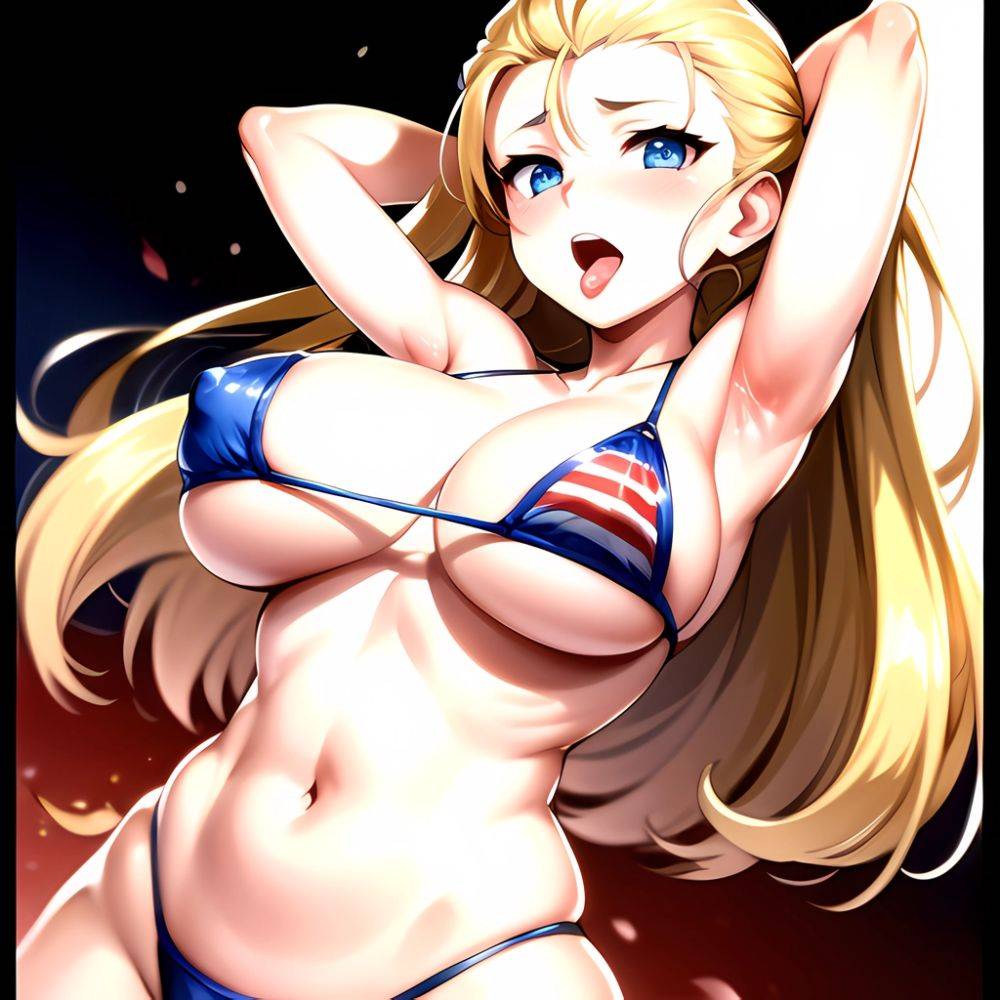 1girl American Flag Bikini Armpits Arms Behind Head Bikini Blonde Hair Blue Eyes Blush Breasts Covered Erect Nipples Flag Print, 1084322719 - AIHentai - #main