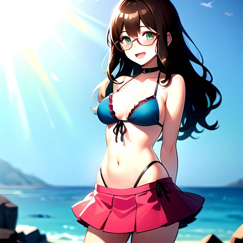 1girl D Bikini Bikini Bottom Aside Bikini Skirt Black Choker Blush Breasts Brown Hair Choker Cleavage Clothing Aside Front Tie, 1481448194 - AIHentai - #main