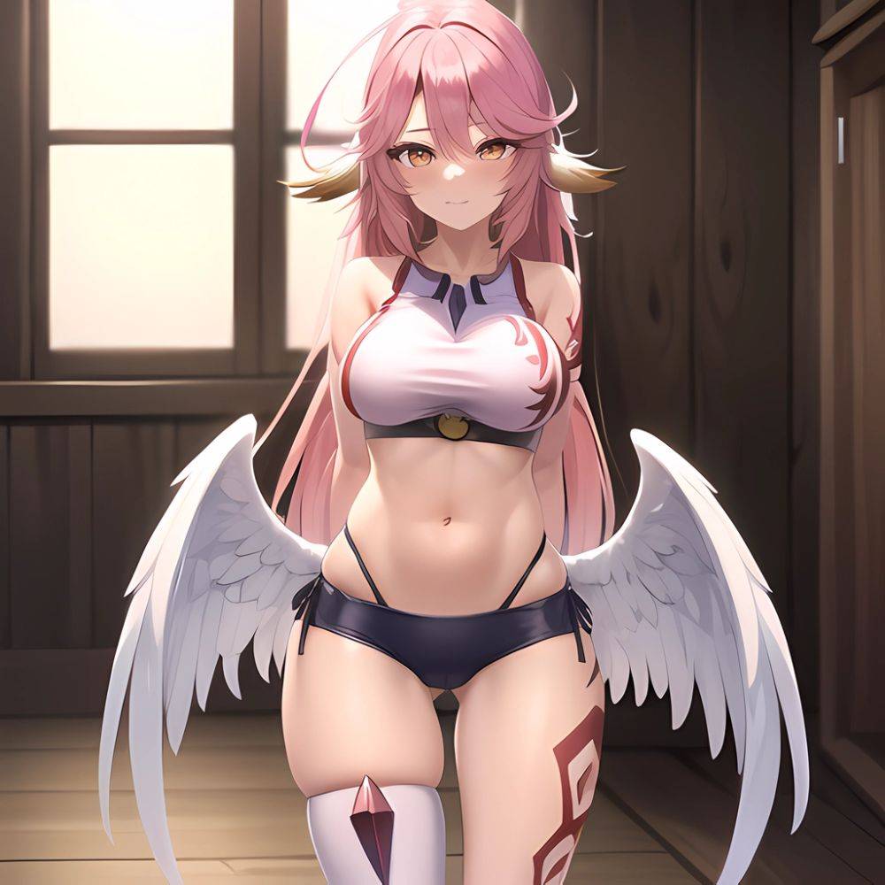 Jibril Anime Absurdres Long Hair Pink Hair Halo Large Breasts Tattoo Cleavage Sideboob Midriff Asymmetrical Legwear Mismatched L, 3284745116 - AIHentai - #main