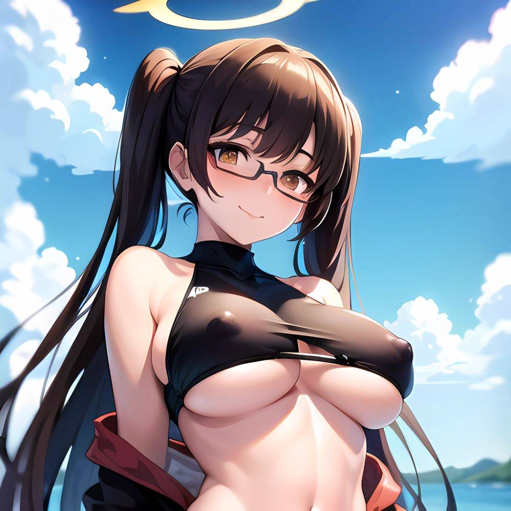 1girl Bikini Black Bikini Blue Archive Blue Sky Breasts Brown Eyes Brown Hair Closed Mouth Clothes Lift Cloud Covered Nipples, 3431330558 - AIHentai - #main