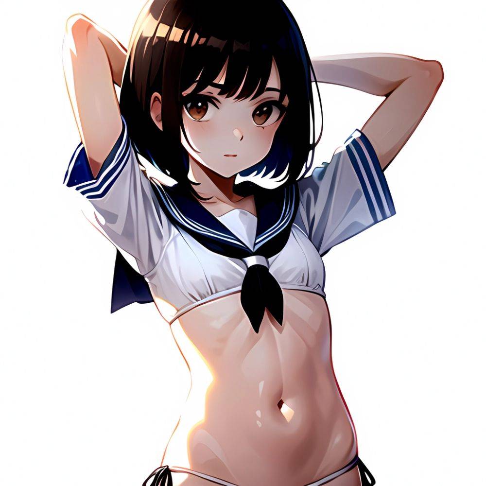 1girl Arms Up Arms Behind Head Bikini Bob Cut Brown Eyes Brown Hair Cosplay Cowboy Shot Flat Chest Headgear Inverted, 2890678696 - AIHentai - #main