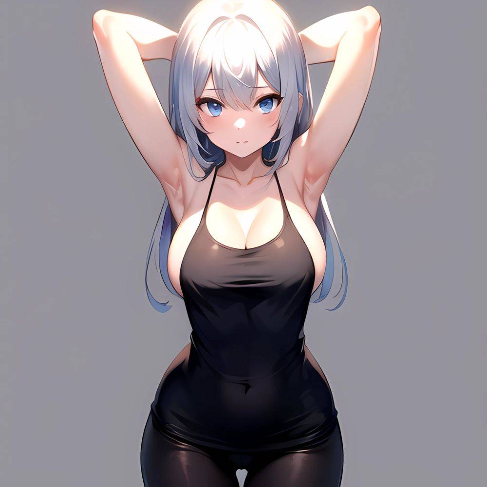 1girl Solo Tank Top Leggings Blue Eyes Standing Fully Clothed Pov Simple Background Arms Behind Head, 2210513160 - AIHentai - #main