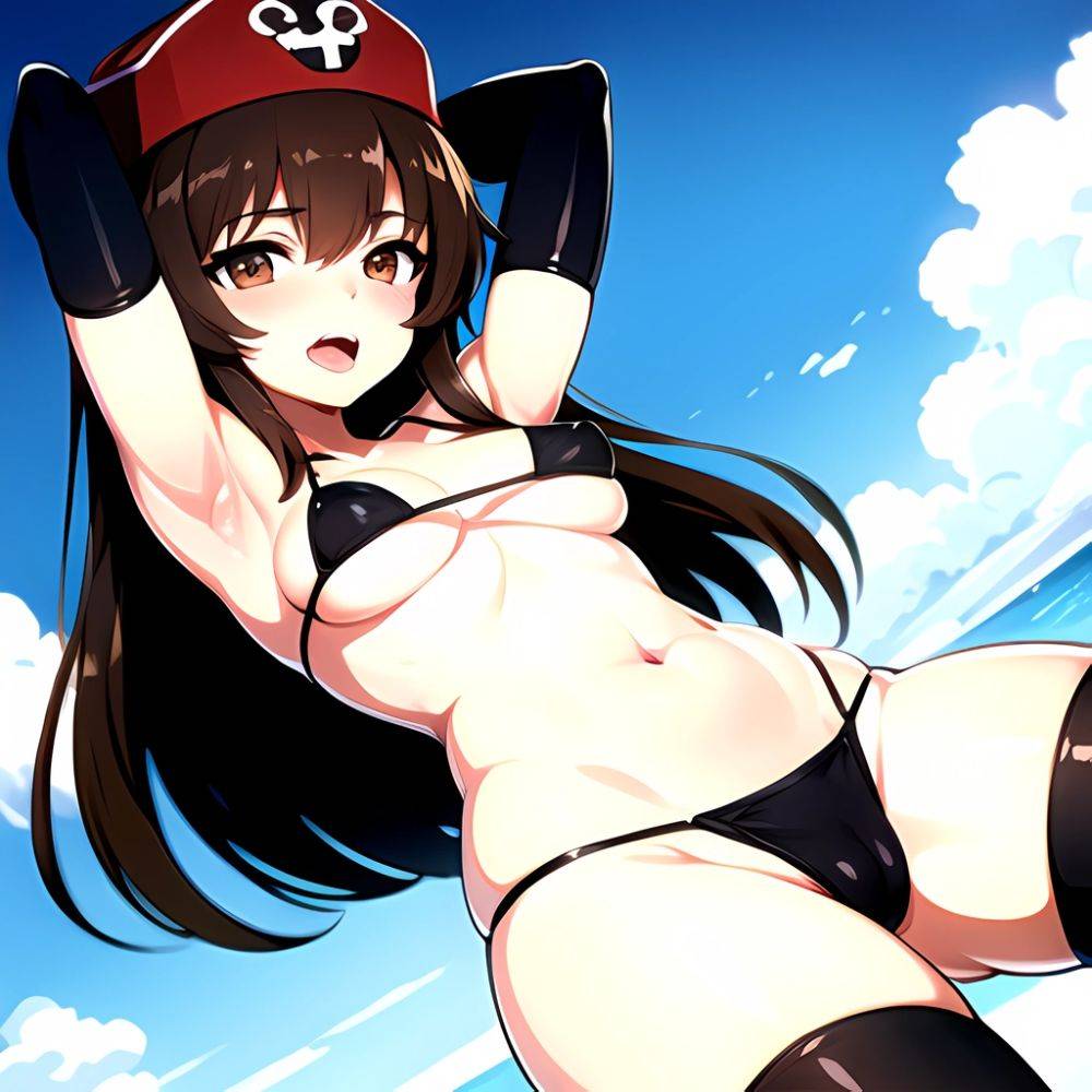 1girl Armpits Arms Behind Head Bikini Blush Breasts Brown Eyes Brown Hair Covered Erect Nipples Elbow Gloves Girls Und Panzer, 281740673 - AIHentai - #main