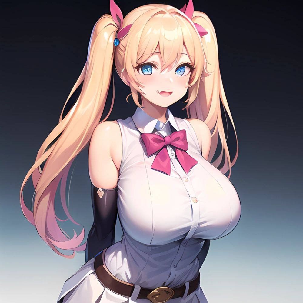 1girl Aymusk Belt White Skirt Blonde Hair Blue Eyes Blush Bow Bowtie Breasts Curvy Elbow Gloves Fang Gloves Gradient Background, 1361433837 - AIHentai - #main