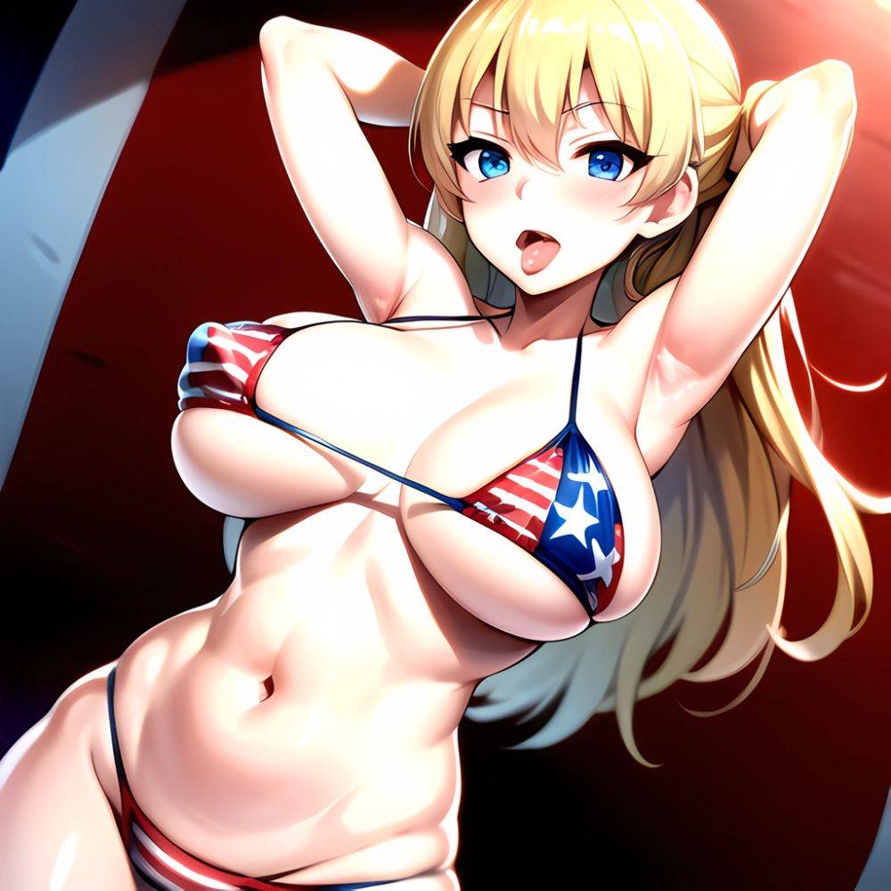 1girl American Flag Bikini Armpits Arms Behind Head Bikini Blonde Hair Blue Eyes Blush Breasts Covered Erect Nipples Flag Print, 3130953798 - AIHentai - #main