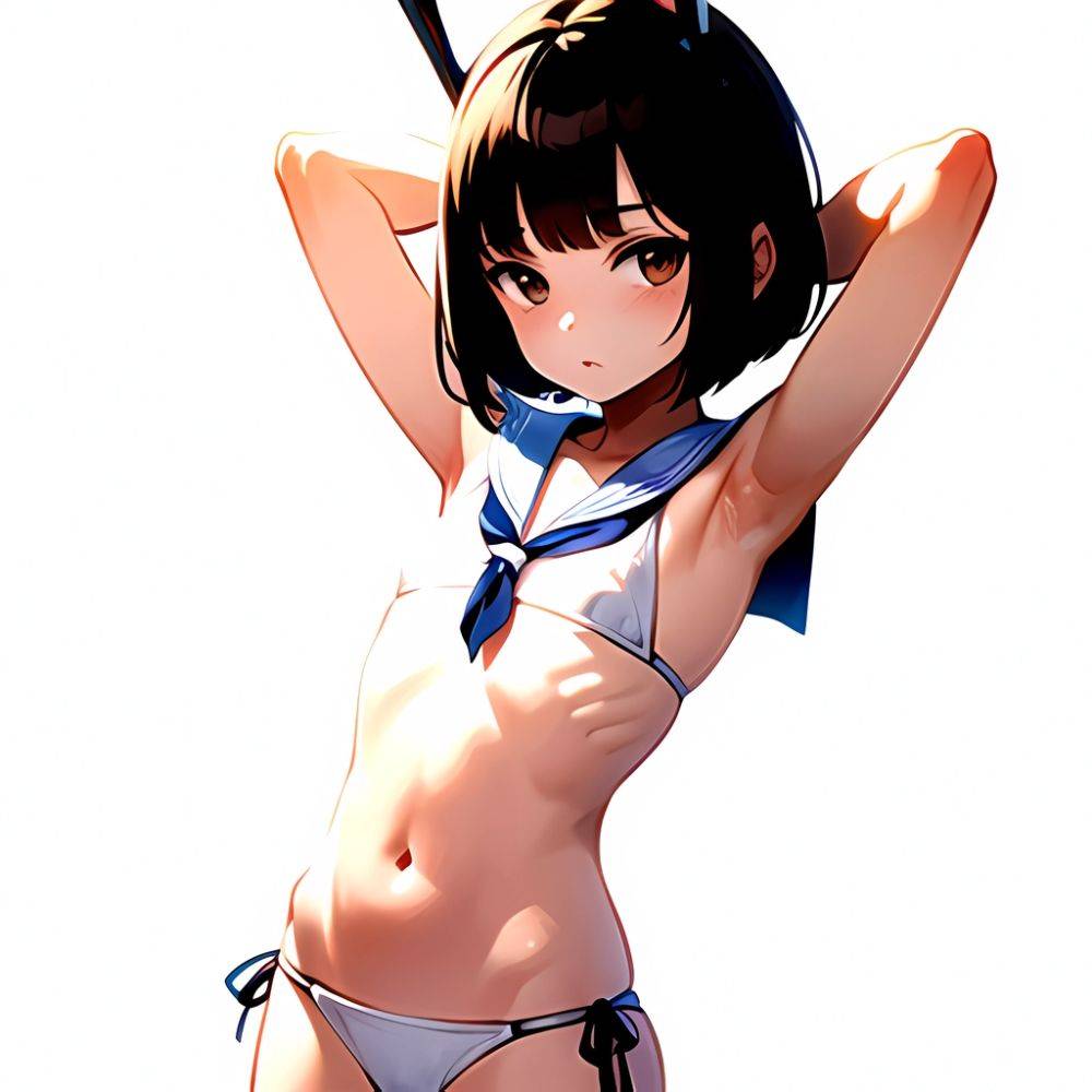 1girl Arms Up Arms Behind Head Bikini Bob Cut Brown Eyes Brown Hair Cosplay Cowboy Shot Flat Chest Headgear Inverted, 3805673767 - AIHentai - #main