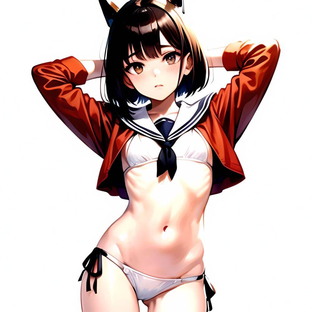 1girl Arms Up Arms Behind Head Bikini Bob Cut Brown Eyes Brown Hair Cosplay Cowboy Shot Flat Chest Headgear Inverted, 3984543197 - AIHentai - #main