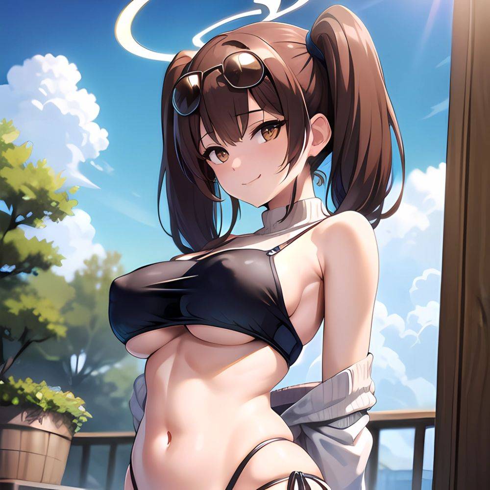 1girl Bikini Black Bikini Blue Archive Blue Sky Breasts Brown Eyes Brown Hair Closed Mouth Clothes Lift Cloud Covered Nipples, 345467886 - AIHentai - #main