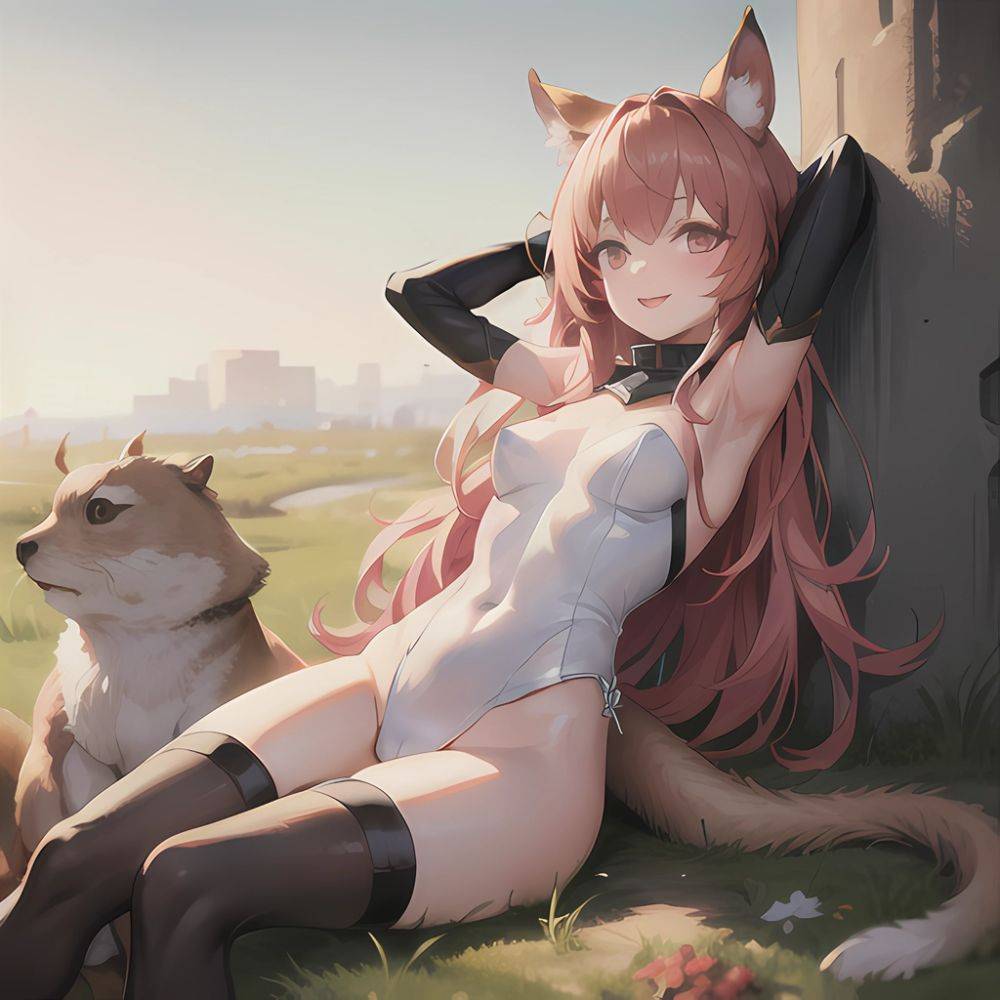 1girl Absurdres Animal Ear Fluff Animal Ears Arknights Arms Behind Head Chest Armor Covered Navel Gravel Arknights Highleg Highl, 1778514873 - AIHentai - #main