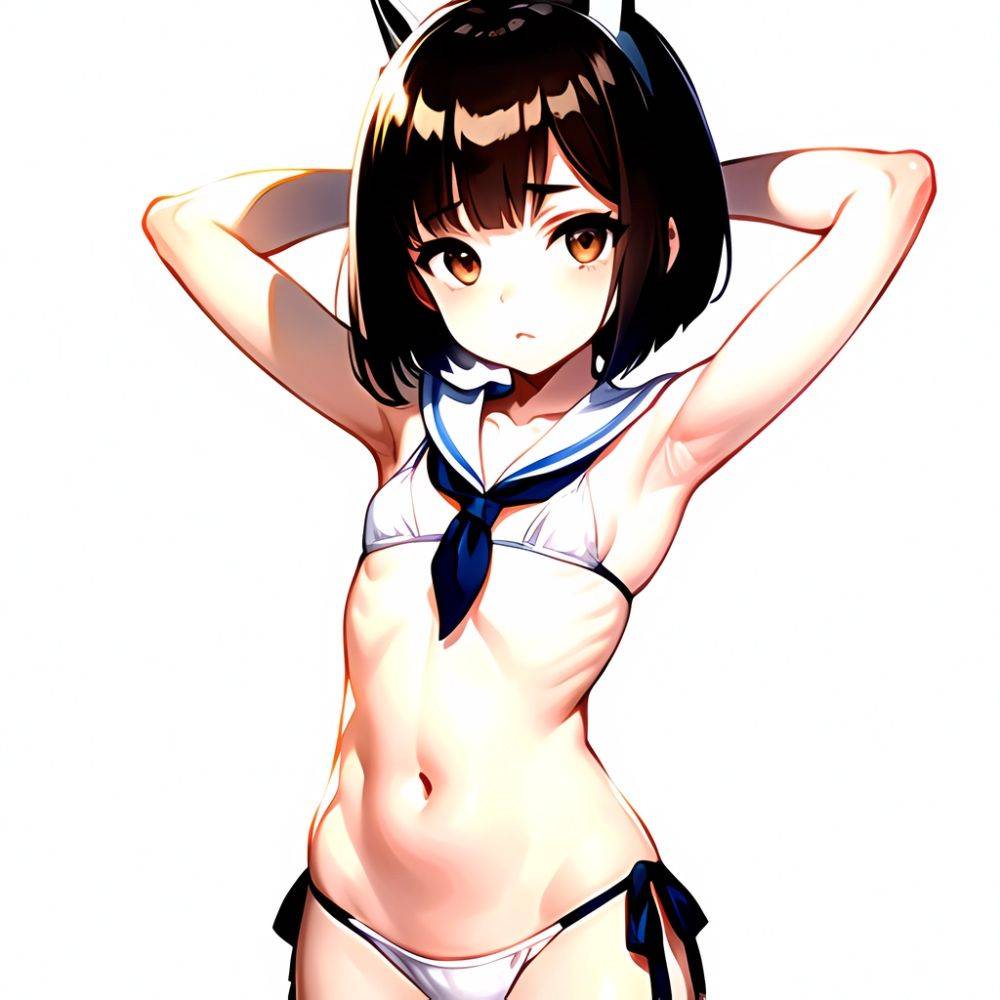 1girl Arms Up Arms Behind Head Bikini Bob Cut Brown Eyes Brown Hair Cosplay Cowboy Shot Flat Chest Headgear Inverted, 129889344 - AIHentai - #main