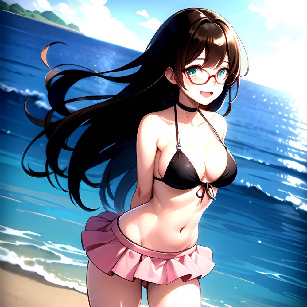 1girl D Bikini Bikini Bottom Aside Bikini Skirt Black Choker Blush Breasts Brown Hair Choker Cleavage Clothing Aside Front Tie, 1387537433 - AIHentai - #main