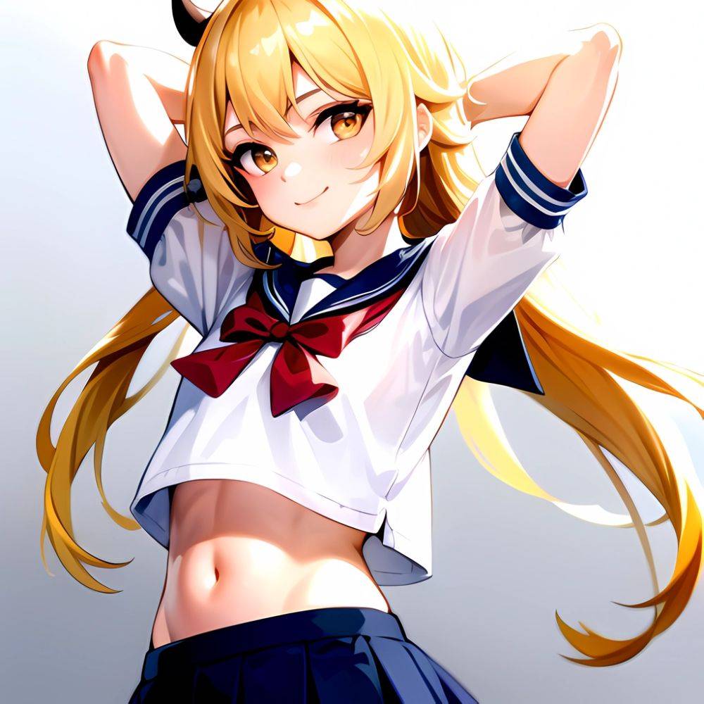 1girl Arms Up Arms Behind Head Blonde Hair Blue Skirt Bow Crop Top Crop Top Overhang Genshin Impact Gradient Background, 203047772 - AIHentai - #main