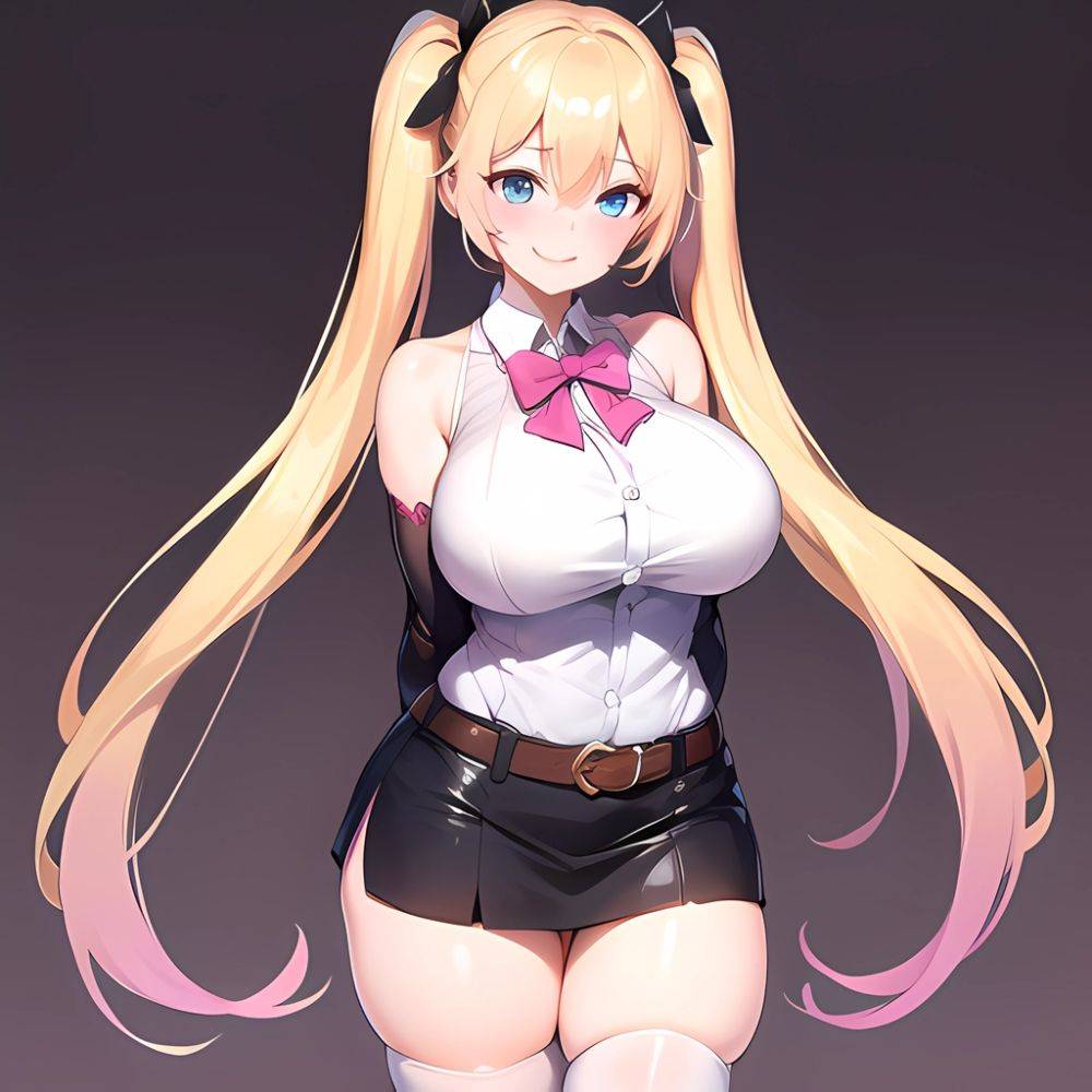1girl Aymusk Belt Black Skirt Blonde Hair Blue Eyes Blush Bow Bowtie Breasts Curvy Elbow Gloves Fang Gloves Gradient Background, 4273673977 - AIHentai - #main