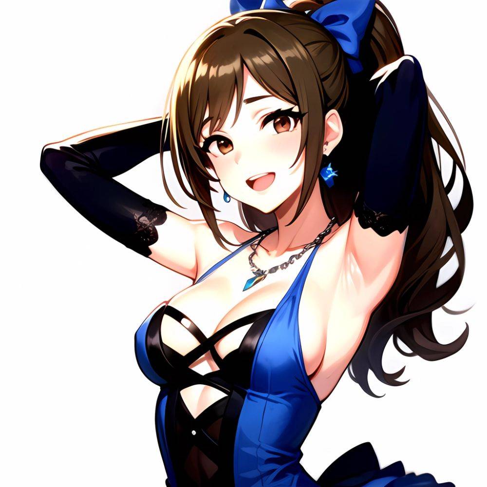 1girl Absurdres Armpits Arms Up Ayase Honoka Black Gloves Blue Bow Blue Dress Blush Bow Breasts Brown Eyes Brown Hair, 2373020613 - AIHentai - #main