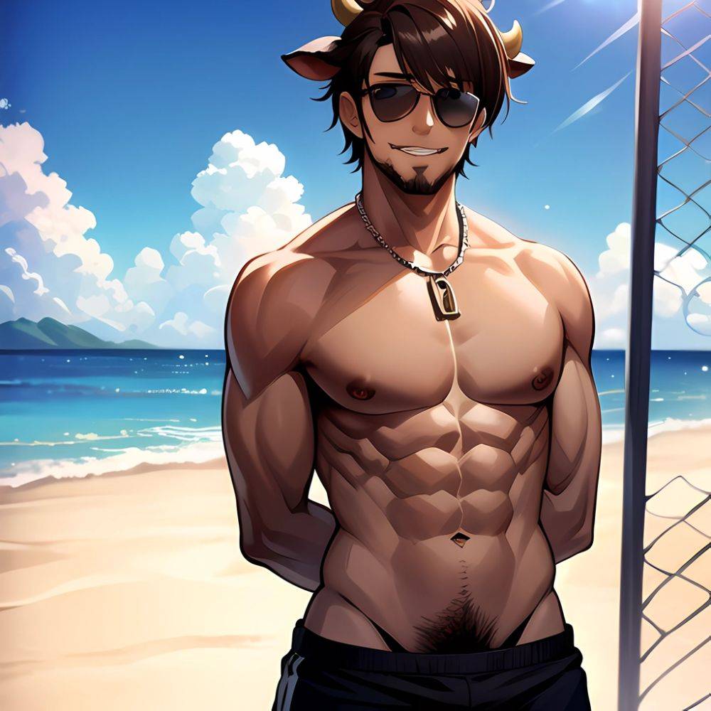 Naked Abs Adjusting Eyewear Atlas Vos Bara Beach Bracelet Brown Eyes Brown Hair Bulge Collarbone Commission Cow Horns Dark Skinn, 2060377337 - AIHentai - #main