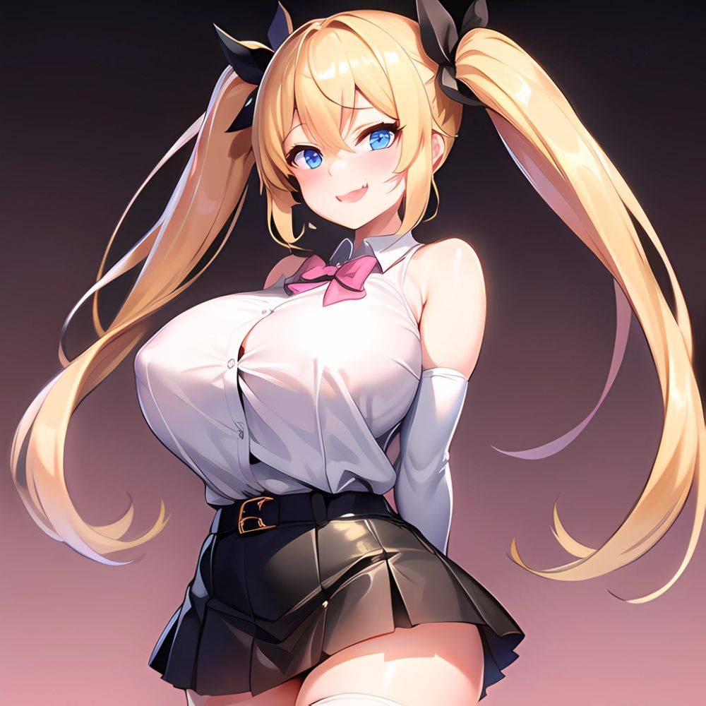 1girl Aymusk Belt Black Skirt Blonde Hair Blue Eyes Blush Bow Bowtie Breasts Curvy Elbow Gloves Fang Gloves Gradient Background, 1164615202 - AIHentai - #main